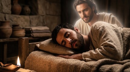 Naklejka premium Angel appearing to Joseph in a dream. Biblical scene depicting man sleeping while divine messenger visits him. Sacred narrative from scripture illustration of faith, religion and spirit.