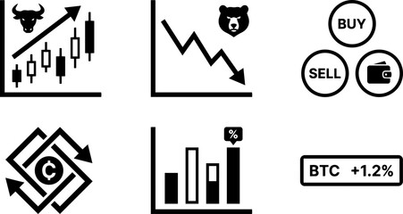 Obraz premium Set of black and white stock market icons featuring bull bear trends and financial trading symbols