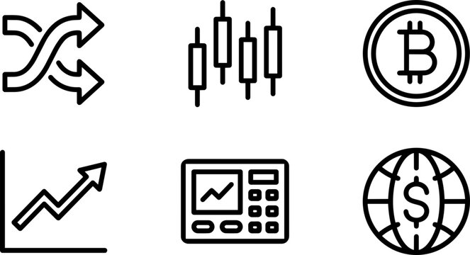 Minimalist vector graphic set showing financial trading symbols including bitcoin charts and global currency exchange icons