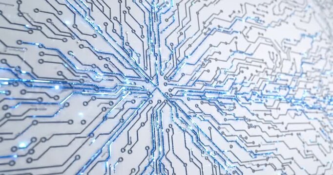 Circuit board technology electronic microchip data network connection blue abstract motherboard close up pattern with glowing blue traces and central hub white pcb surface, futuristic digital