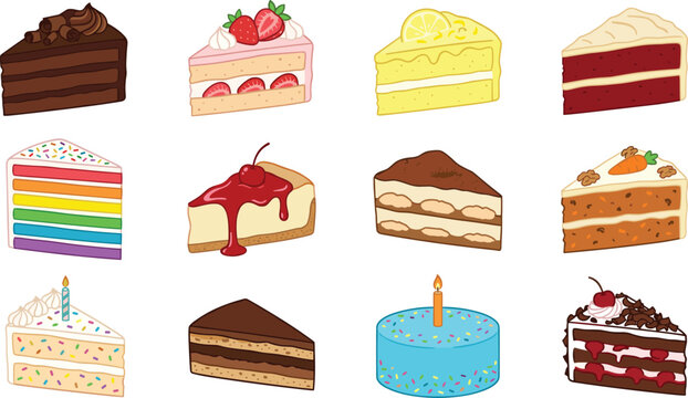 Delicious Cake Slice Collection Featuring Chocolate Strawberry Lemon Rainbow Birthday and Layered Dessert Illustrations for Bakery Designs