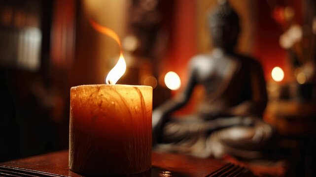 Candle flame wax wick glow in warm interior with blurred buddha statue and meditation altar, peaceful spiritual room with amber candle glow and calm atmosphere