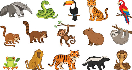 Fototapeta premium Exotic Wildlife Cartoon Collection Featuring Anteater Snake Toucan Leopard Macaw Coati Monkey Capybara Sloth Frog Lion Tiger and Cobra Vector Illustration