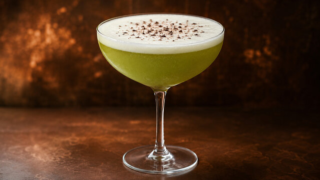 A modern cocktail glass with a green beverage