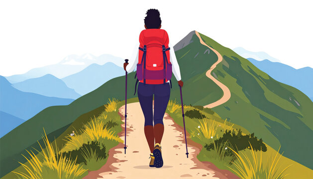 Woman Hiking on Mountain Trail Alone.