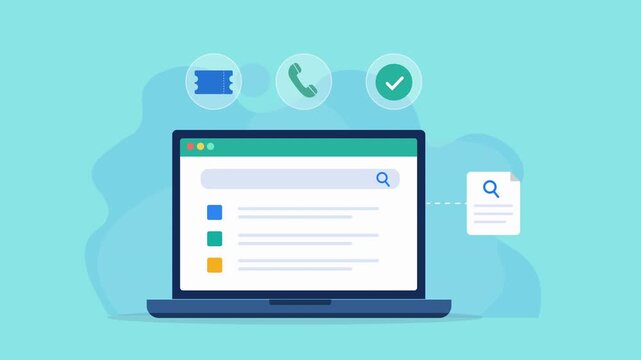 Animated flat vector dashboard on a laptop screen featuring communication, call management, and task completion icons. Modern business workflow and productivity concept.