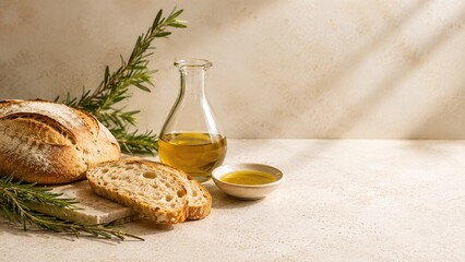 Fototapeta premium Rustic artisan bread with rosemary, olive oil carafe and dipping bowl on warm beige table