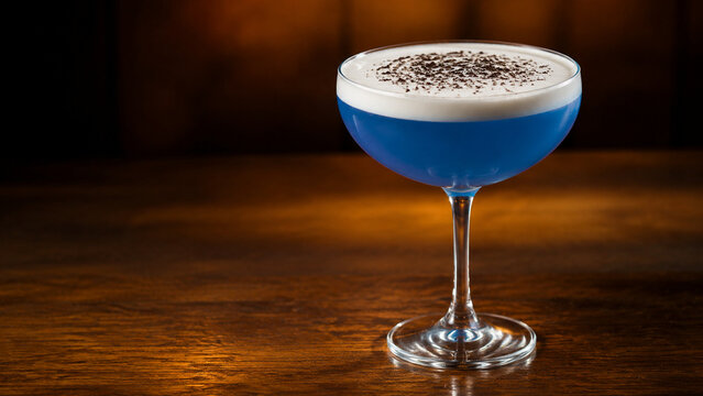 A modern cocktail glass with a blue beverage
