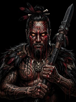 Maori warrior with traditional moko tattoo holding a wooden spear.