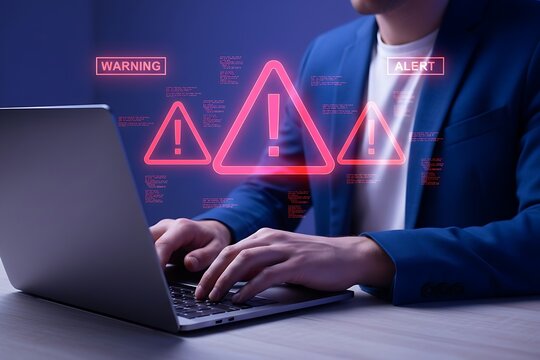 Cybersecurity warning concept. Warning icon and programming code. Data breach, system error, hacking attempt, software development issues and bug fixing process. Cyber security