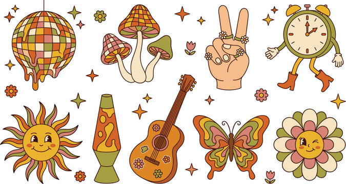 Groovy Retro Hippie Icons Collection Featuring Disco Ball Mushrooms Peace Sign Guitar Butterfly Sun Clock and Floral Boho Elements