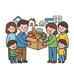 Obraz premium A happy family donating a box of food to neighbors