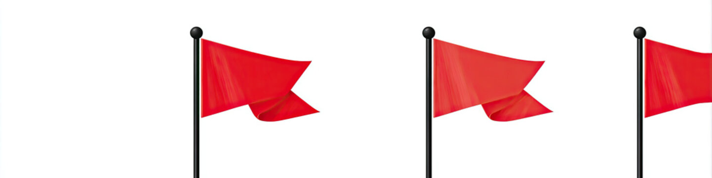Three red flags flutter on poles against a white background