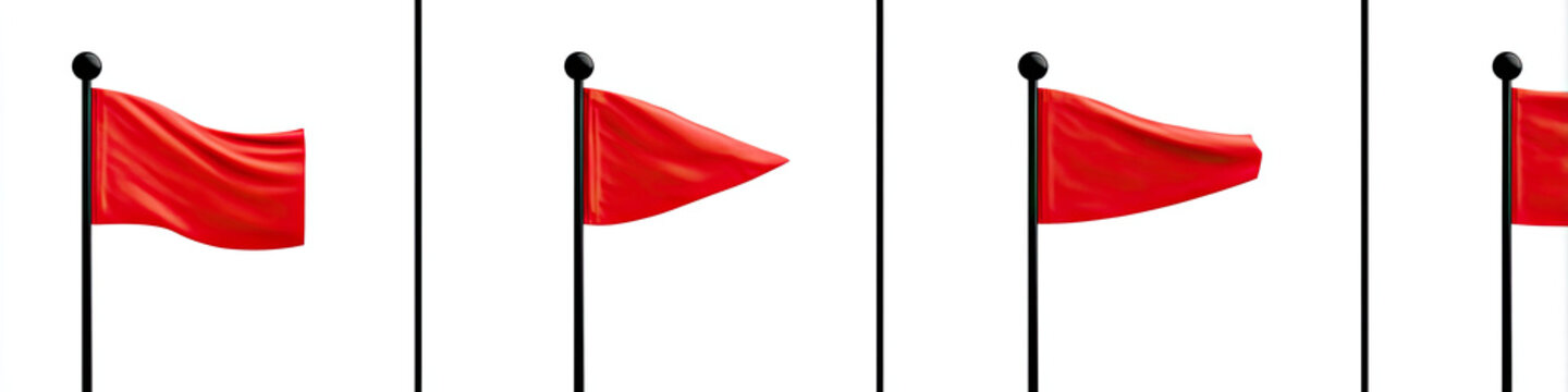 Four red flags on poles, fluttering differently, white background