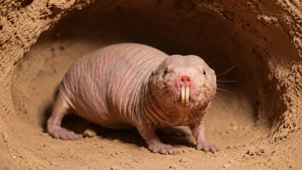Fototapeta premium Naked Mole Rat Standing at Entrance of Underground Burrow