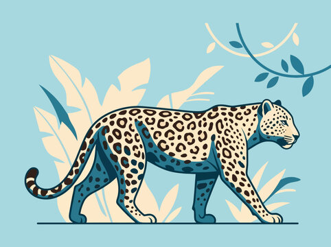 A spotted leopard walks through a stylized tropical jungle scene