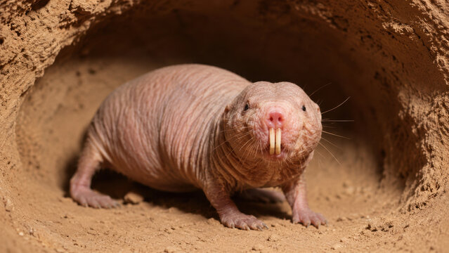 Naked Mole Rat Standing at Entrance of Underground Burrow