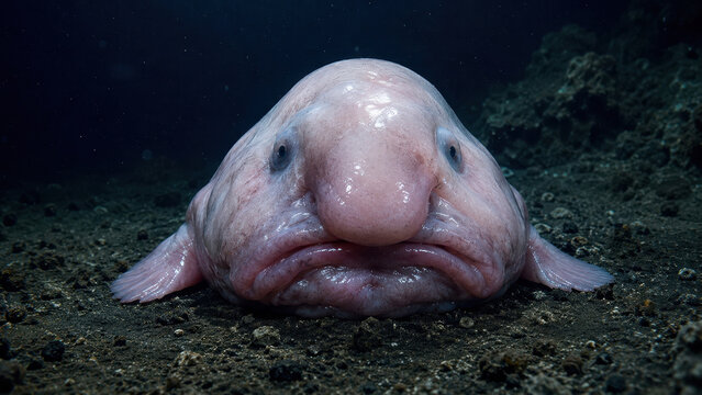 Unusual Deep Sea Blobfish Resting on Dark Ocean Floor, Strange deep-ocean biodiversity and adaptation to extreme marine environments