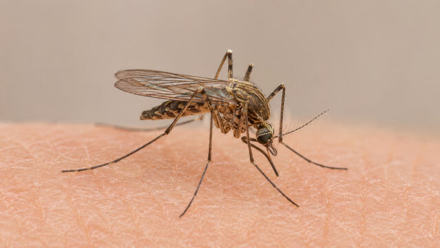 Mosquito Resting on Human Skin in Extreme Macro, Vector-borne disease prevention, mosquito-bite awareness and public-health education
