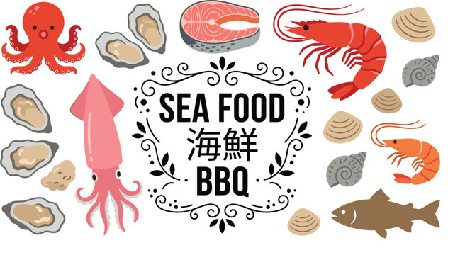 Fresh Seafood BBQ Cartoon Illustration Set Featuring Shrimp Octopus Squid Salmon Steak Oysters and Clams for Restaurant Menu Graphic Designs