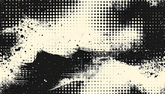 Distressed halftone grunge texture overlay with weathered ink splatters and grainy dot pattern in black and beige