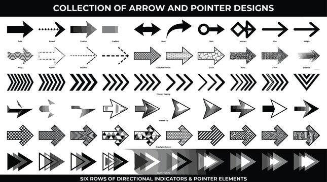 Collection of Arrow and Pointer Designs Featuring Six Rows of Directional Indicators and Geometric Cursor Navigation Symbols Vector Illustration Set for Website Interfaces