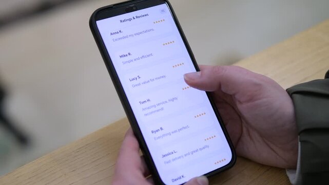 a user scrolling through positive customer testimonials on a mobile app. The interface highlights comments like Great value for money and Everything was perfect. Ideal for illustrating social proof