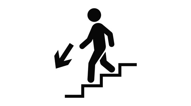 Minimalist black vector illustration featuring a person walking down stairs with a pointing down arrow