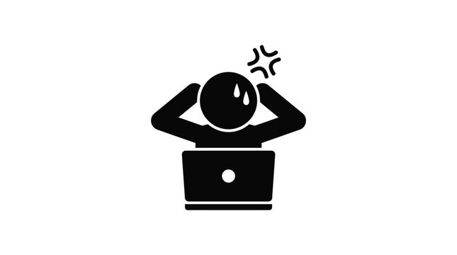 A minimalist black vector illustration depicting a stressed person working on a modern laptop computer