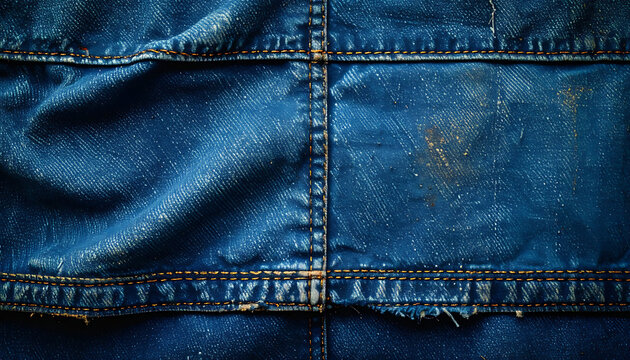 dark blue denim texture with orange stitching, worn fabric surface, detailed material backdrop