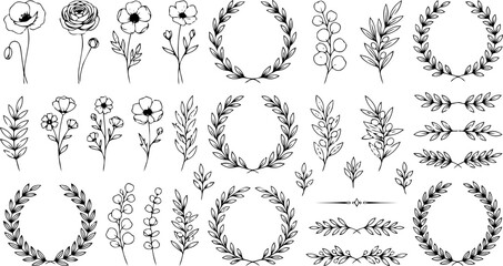 Fototapeta premium Hand drawn vector illustration set featuring various floral wreaths and botanical elements for creative wedding stationery