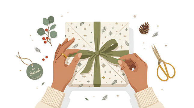 Top view of hands wrapping a christmas gift with green ribbon, decorated with pine cone, eucalyptus leaves, and a gift tag for sarah
