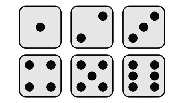 Minimalist vector illustration showing a complete set of six white dice with black dotted faces