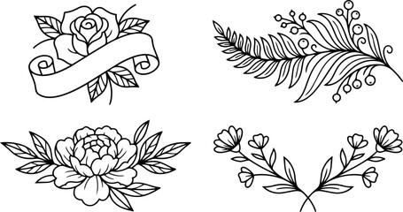 Elegant black and white hand drawn floral vector illustration set featuring roses peonies and vines © RizqArt