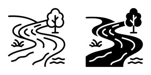 Fototapeta premium River Landscape Icons: Flowing Water, Trees, and Grass in Outline and Solid Styles