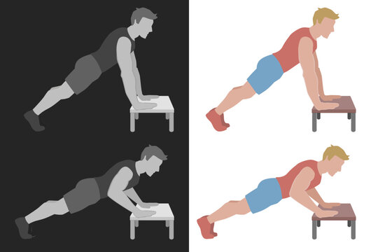 Flat vector illustrations showing a man doing incline pushups on a bench for chest workout, upper body training, fitness routine and healthy life (cut out)