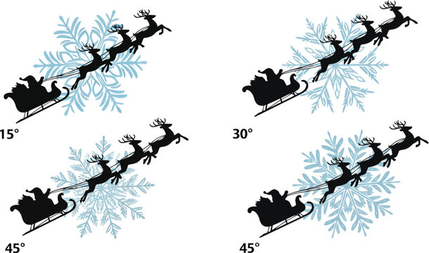 Santa claus in sleigh with reindeer and snowflakes at different angles