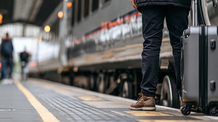 Fototapeta premium Passenger standing with a suitcase on a railway platform, ready for departure and travel by train