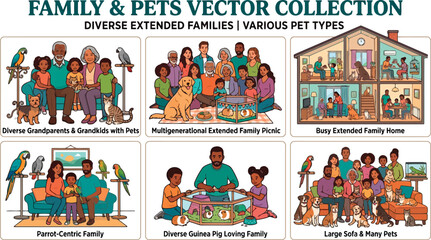 Fototapeta na wymiar Family and pets vector collection featuring diverse extended families with various pet types in different home and outdoor settings
