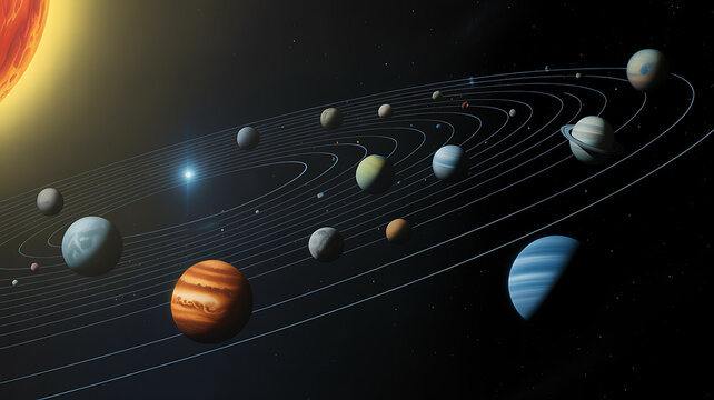 Solar system model with planets and orbits, sun in background, space