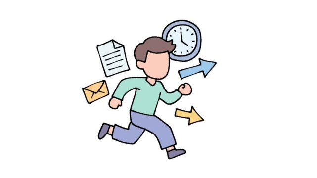 Busy Man Running with Clock and Office Icons Illustration