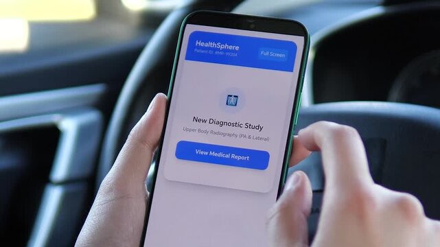 Smartphone screen showing a radiology study notification while driver is seated. Represents convenient access to lab results. Great for hospital marketing, health IT, and medical app UI showcases.