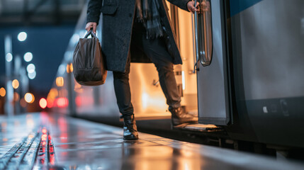 Obraz premium Man holding a briefcase boarding a modern train at a station platform, showing daily travel and commuting