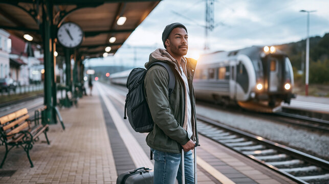 Traveler standing on a train station platform, carrying a backpack and suitcase, waiting for his departure