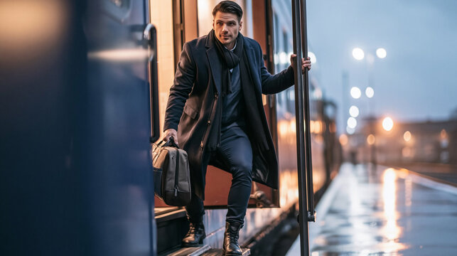 Young businessman traveling, holding a bag and stepping off a train onto a wet station platform in the evening