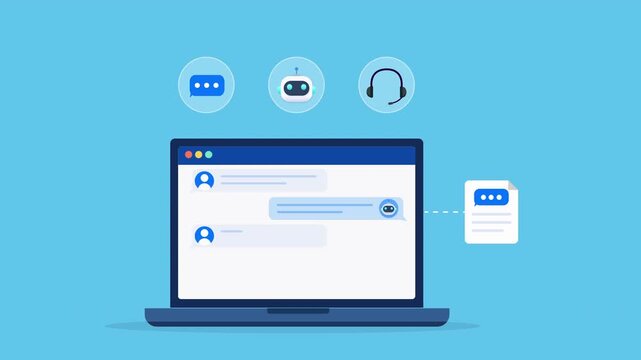 Animated flat vector dashboard on a laptop screen featuring user authentication, chatbot assistance, and customer support icons. Modern account access and digital service concept.