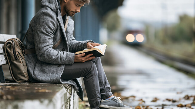 Young man in a gray coat reading a book while sitting on a bench at a train station platform