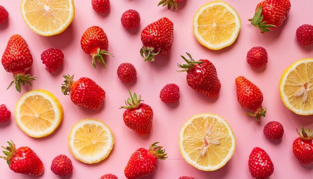 red raspberry strawberry lemon colorful pattern on pink background fresh berry closeup strawberry wallpaper top view lemonade creative concept fashionable trendy summer beverage flat lay