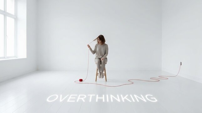 Minimalist Concept of Chronic Overthinking With Woman Connected to a Red Thread of Endless Thoughts
