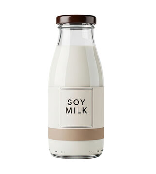 A glass bottle filled with soy milk is displayed against a transparent background. The bottle has a brown label that reads "SOY MILK".